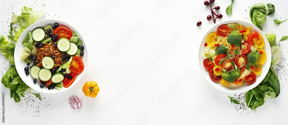 A flat lay copy space image of fresh vegetable salads on a white wooden table The top view showcases two vegetarian side dishes leaving enough space for text It represents the concept of a restaurant A flat lay copy space image of fresh vegetable salads on a white wooden table The top view showcases two vegetarian side dishes leaving enough space for text It represents the concept of a restaurant