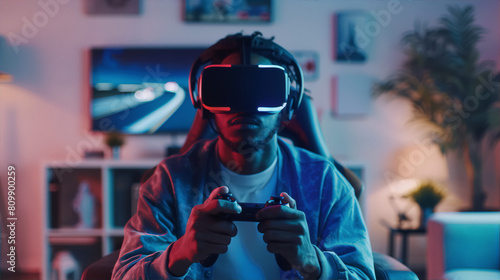 Gamer using virtual reality headset and holding controller playing video games at home