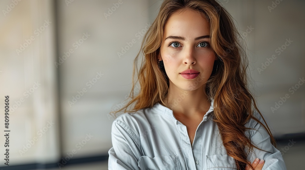 Young woman with striking blue eyes and flowing hair, exuding confidence and elegance in a light business shirt Young woman with striking blue eyes and flowing hair, exuding confidence and elegance in a light business shirt
