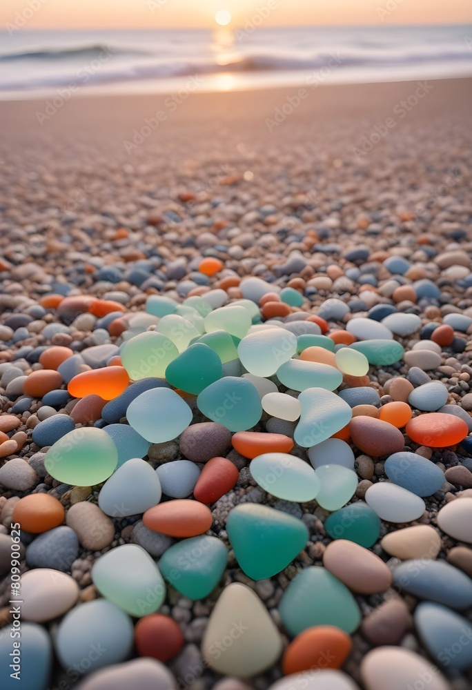 Obraz premium Colorful sea glass and pebbles on a beach at sunset, with the ocean and horizon in the background