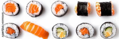 Big Set of Various Maki Sushi Isolated on White Background Top View. Baked Norimaki Rolls