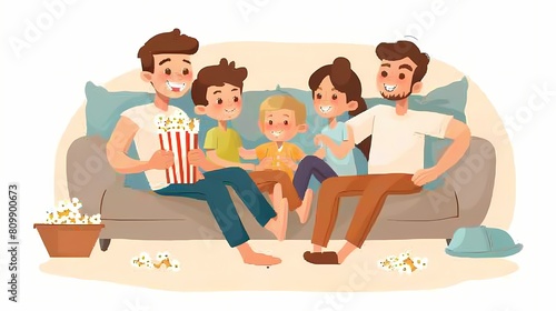 A family cuddled up on the couch, watching their favorite movie with popcorn in hand