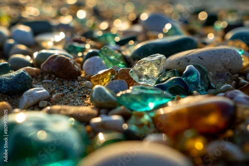 Stones on a beach, Colorful gemstones on a beach. Polish textured sea glass and stones on the seashore. Green, blue shiny glass with multi-colored sea pebbles close-up. Beach summer, Ai generated