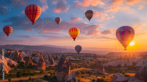 Hot air balloons flying over the Cappadocia region of Turkey. The balloons are brightly colored and the sky is a clear blue.