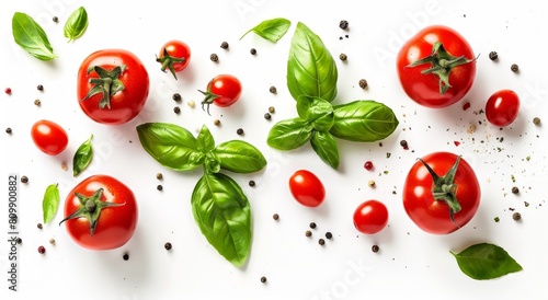 Fresh tomatoes and basil leaves on a white background with scattered spices