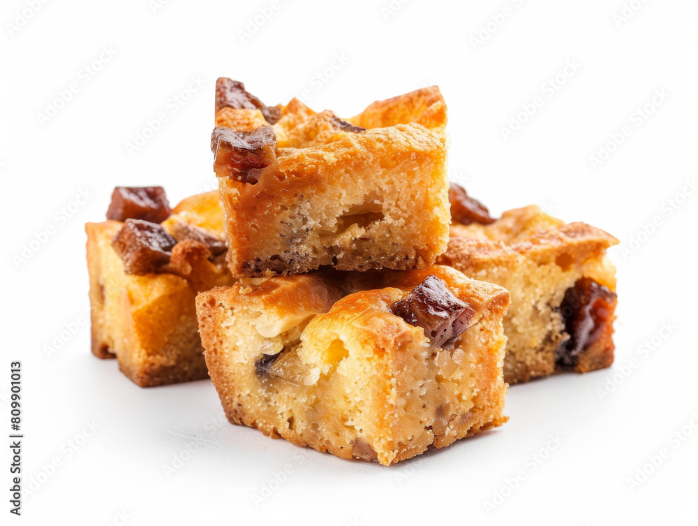 A stack of brownies with nuts on top A stack of brownies with nuts on top
