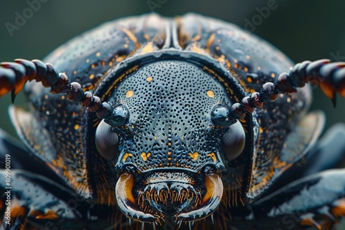 A beetles head, seen up close, displays its powerful jaws and segmented antennae, high resolution DSLR photo
