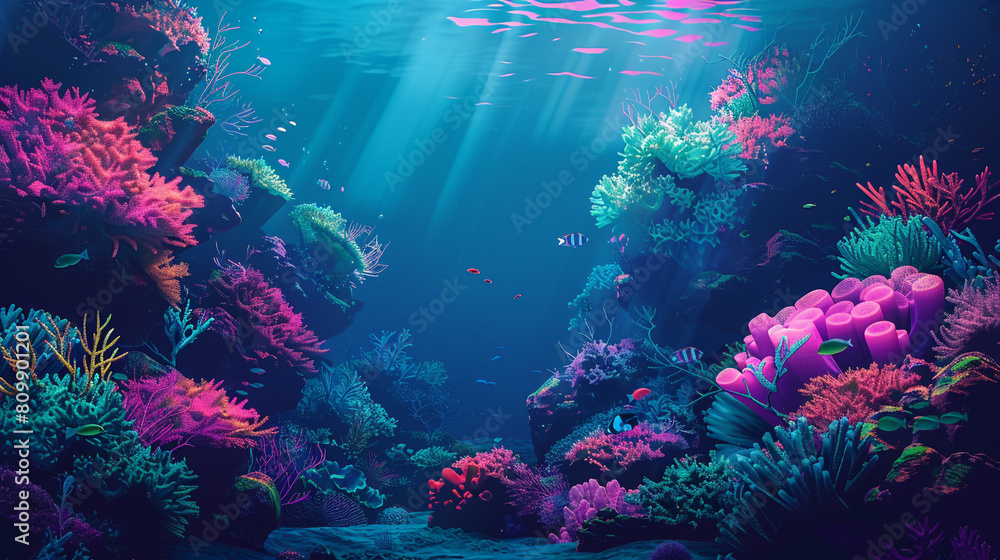 A colorful underwater scene with a variety of fish and coral. Cartoon style. A colorful underwater scene with a variety of fish and coral. Cartoon style.