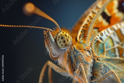 A closeup of a butterflys head shows its delicate proboscis and colorful scales, high resolution DSLR