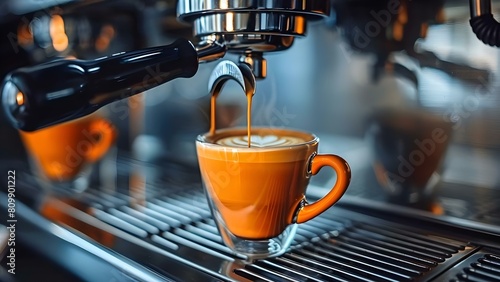 Cappuccino being prepared by a coffee machine in a cup. Concept Coffee  Cappuccino  Espresso  Barista  Coffee Machine