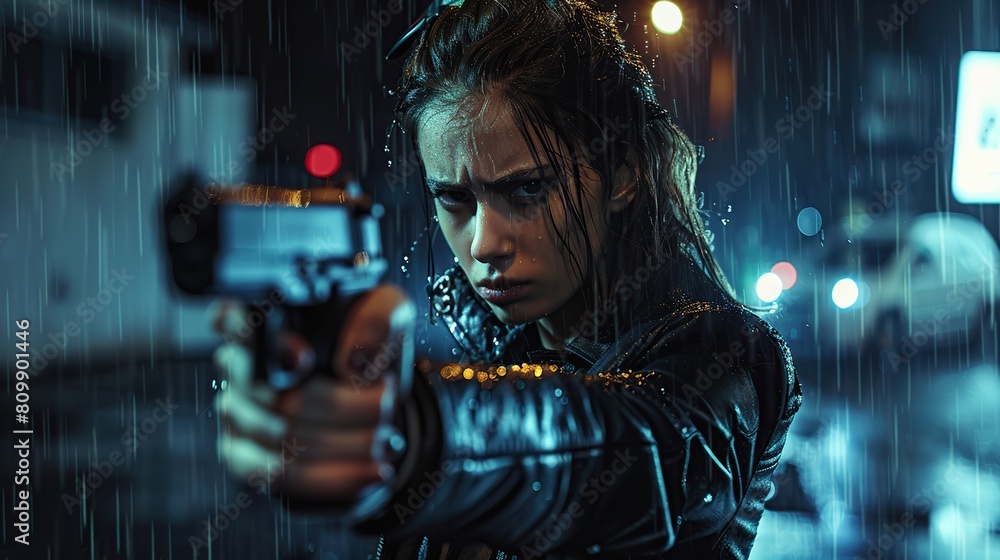 Young woman in black jacket points gun in rain, police officer or killer holding weapon at night. Female detective with pistol on dark street. Concept of spy, thriller movie. copy space for text.