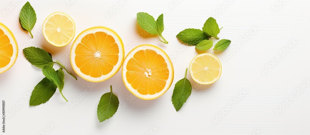 An overhead photo of two salmon slices placed on a white background garnished with lemon garlic pepper and basil provides ample copy space in the frame An overhead photo of two salmon slices placed on a white background garnished with lemon garlic pepper and basil provides ample copy space in the frame