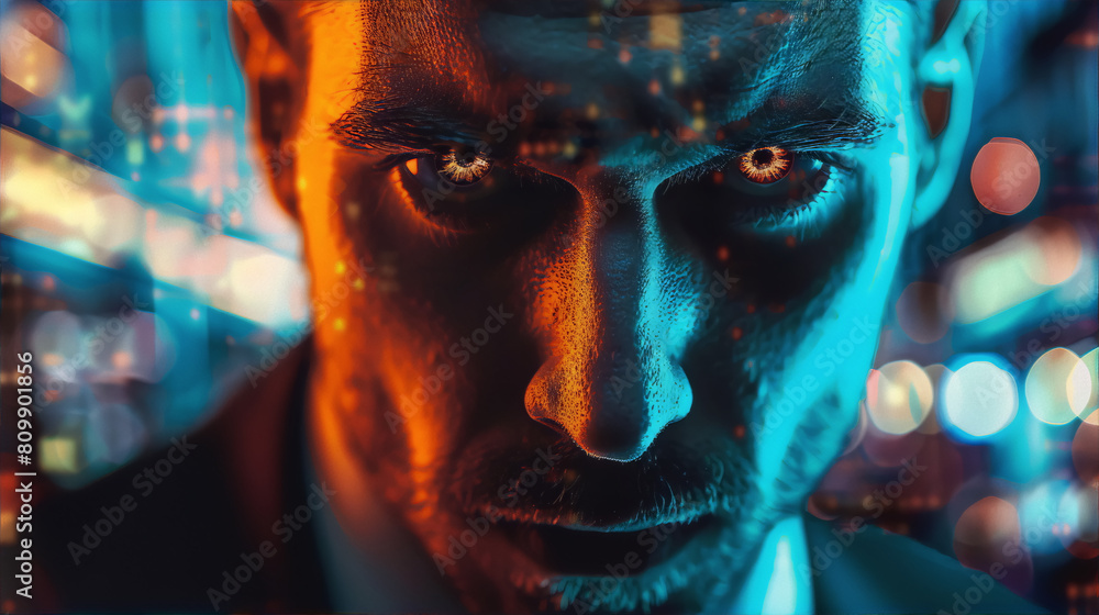 A portrait of a man's face with glowing eyes in blue and orange colors conveying a sense of mystery and intrigue, digital art, portrait, glowing eyes, blue, orange. A portrait of a man's face with glowing eyes in blue and orange colors conveying a sense of mystery and intrigue, digital art, portrait, glowing eyes, blue, orange.