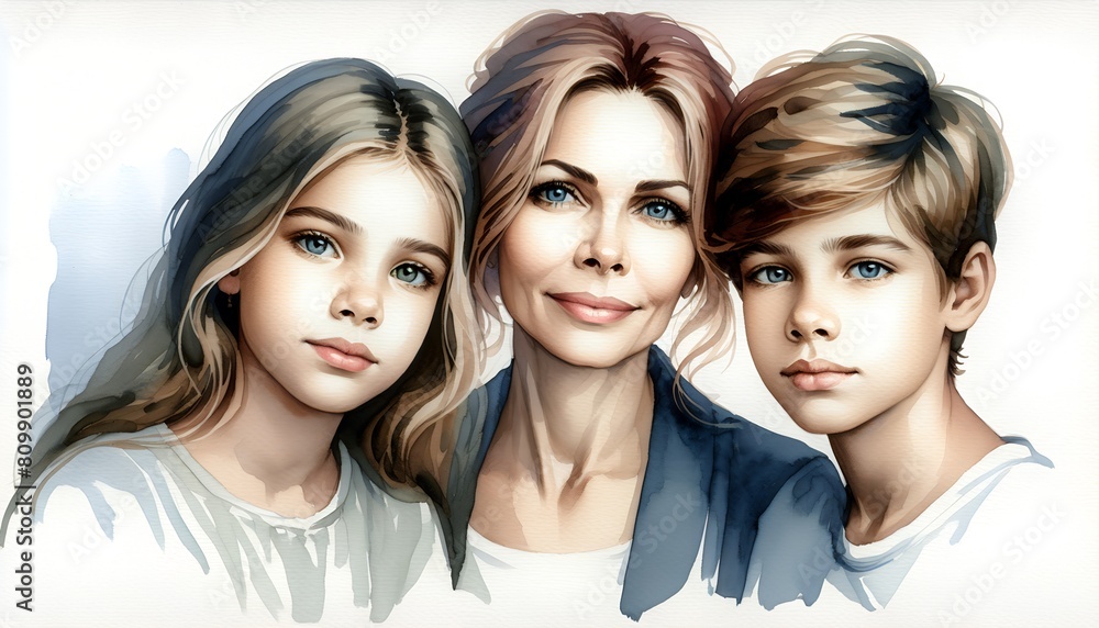 Blond-haired mother with her son and daughter, look at the camera, drawing style Blond-haired mother with her son and daughter, look at the camera, drawing style