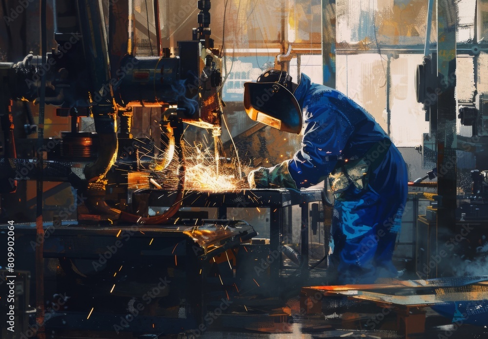 Sparks fly as a welder in protective gear works on a metal project in his workshop. Sparks fly as a welder in protective gear works on a metal project in his workshop.