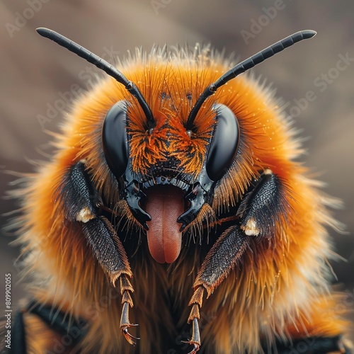 A closeup shot of a bees head reveals its intricate tongue and fuzzy cheeks, high resolution DSLR