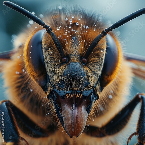 A closeup shot of a bees head reveals its intricate tongue and fuzzy cheeks, high resolution DSLR photo