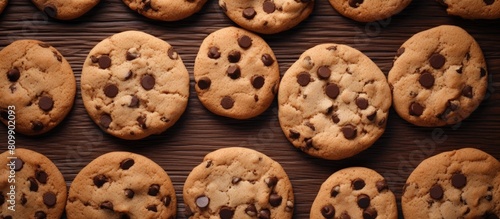 A top view of brown chocolate chip cookies used as a textured background for a copy space image photo