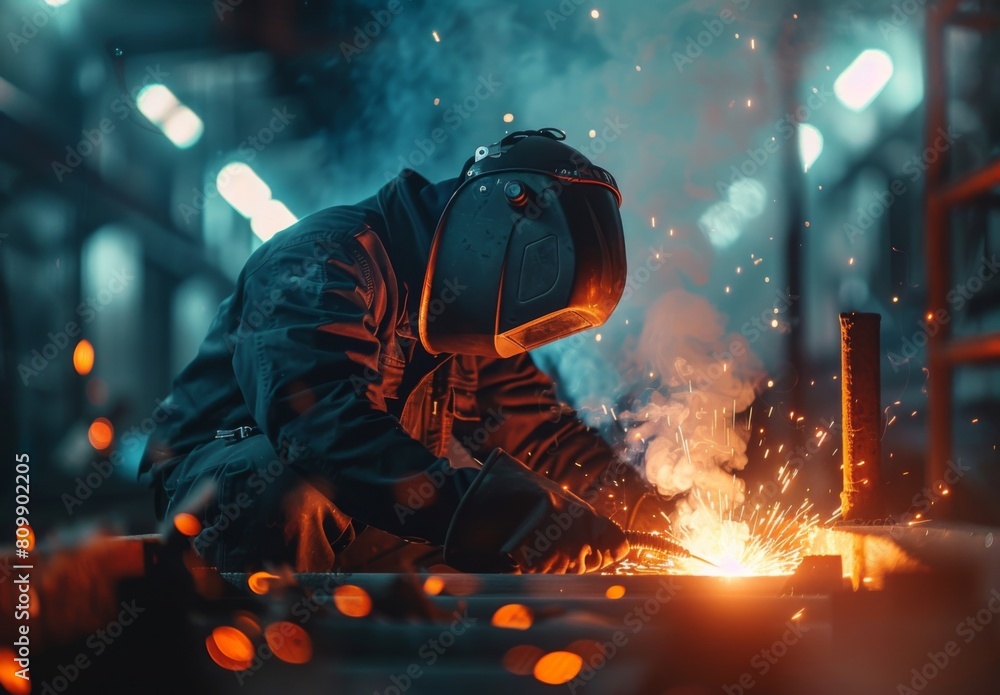 Sparks fly as a welder in protective gear works on a metal structure in a factory setting. Sparks fly as a welder in protective gear works on a metal structure in a factory setting.