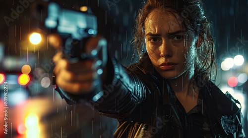 Young woman in black jacket points gun in rain, police officer or killer holding weapon at night. Female detective with pistol on dark street. Concept of spy, thriller movie. copy space for text.