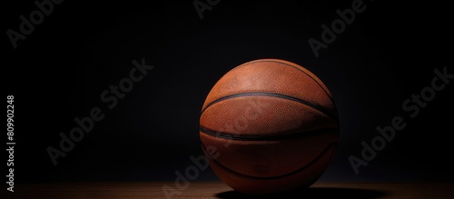 An antique rubber basketball with a two tone design stands alone on a black background creating a copy space image