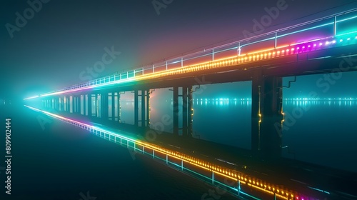 A long bridge glowing in neon lights, reflecting perfectly on a mirror-like surface of still water.