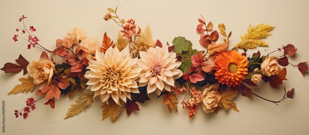 Fototapeta premium A stunning autumn arrangement of flowers and leaves beautifully arranged in the garden captured from above The composition appears as a flat layout with a copy space image set against a beige backgro