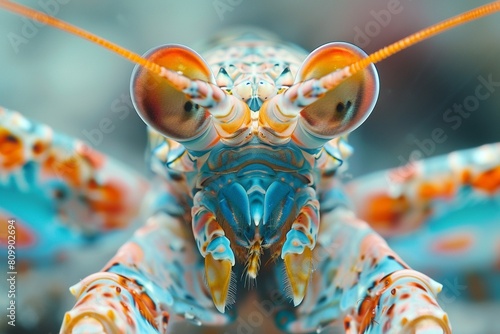 In a macro shot, the head of a mantis shrimp displays its compound eyes and powerful claws, high resolution DSLR photo