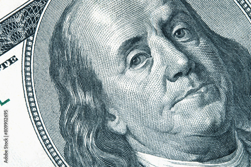 High resolution macro image of Benjamin Franklin on the one hundred US Dollar bill. Close up.