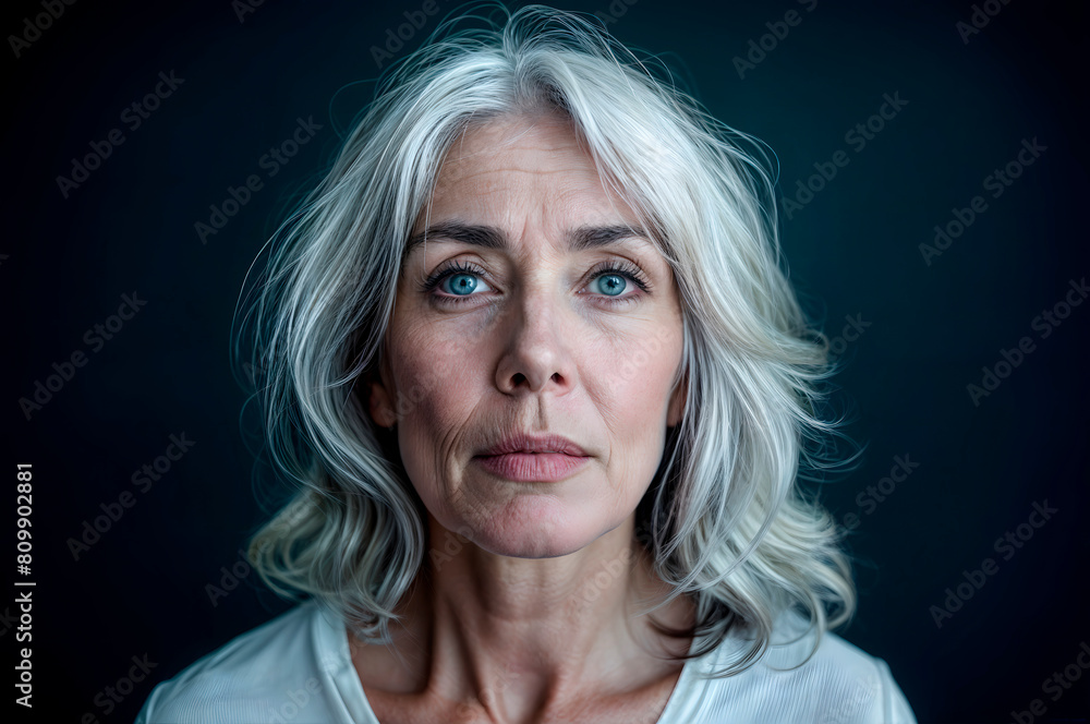 A middle-aged woman , radiating confidence and grace as she gazes directly at the camera on a black background, the concept of women's day, mother's day and grandmother's day A middle-aged woman , radiating confidence and grace as she gazes directly at the camera on a black background, the concept of women's day, mother's day and grandmother's day