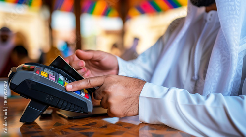 Arab man in Kandura paying using debit or credit card digital payment. Cashless transaction in the Middle East. 

 photo