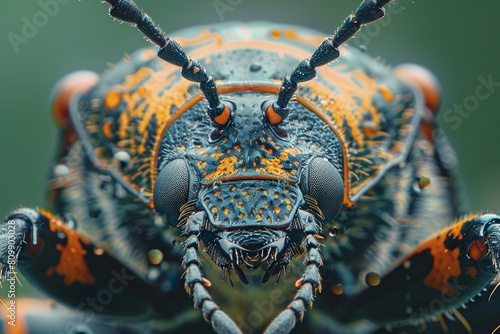 In macro photography  the head of a beetle displays its armored exoskeleton and segmented antennae  high resolution DSLR