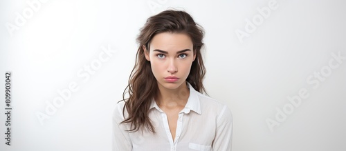 An attractive clueless woman with a blank expression portrayed in a photograph with a white background with copy space photo