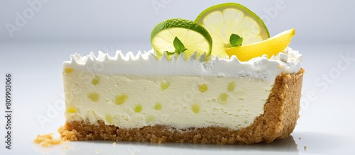 A slice of gin and tonic lemon cheesecake placed on a white background with plenty of empty space around it for other elements in the image. Creative banner. Copyspace image photo