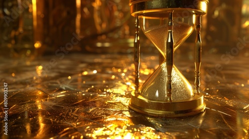 A golden hourglass with fine sand trickling through its center, a reminder of the preciousness and fleeting nature of time. photo