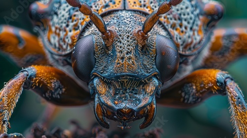 In macro photography, the head of a beetle displays its armored exoskeleton and segmented antennae, high resolution DSLR