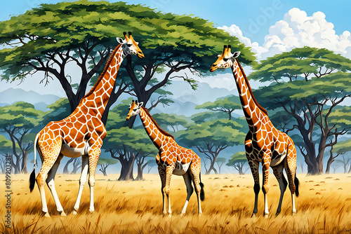 3 Giraffes Grazing in African Meadows. Generative ai