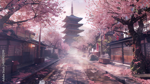 A cherry blossom-lined street in Japan with a pagoda in the distance, done in the ukiyo-e style
