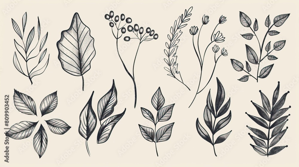 A collection of hand drawn leaves and plants A collection of hand drawn leaves and plants