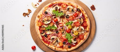 Top view of a mouthwatering pizza loaded with fresh vegetables resting on a wooden table against a pristine white backdrop with ample copy space for creative use in images
