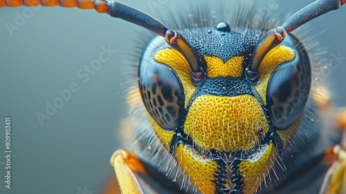 The closeup of a wasps head reveals its sleek profile and powerful mandibles, high resolution DSLR photo