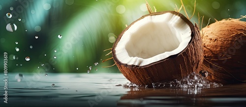 A tropical food background with a vibrant image of a coconut. Creative banner. Copyspace image