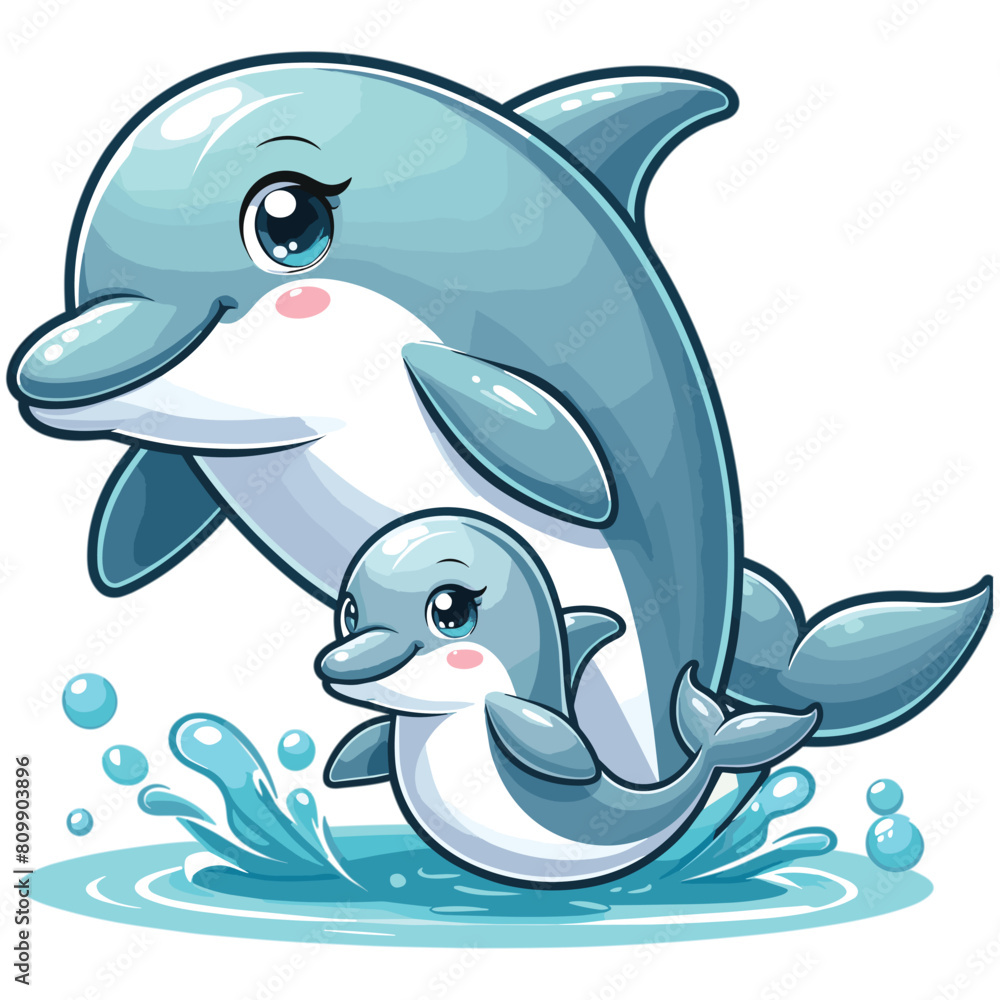 Fototapeta premium Cute mother dolphin with baby vector