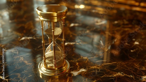 A golden hourglass with fine sand trickling through its center, a reminder of the preciousness and fleeting nature of time.