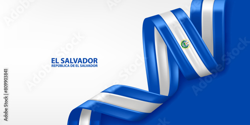 El Salvador 3D ribbon flag. Bent waving 3D flag in colors of the El Salvador national flag. National flag background design.