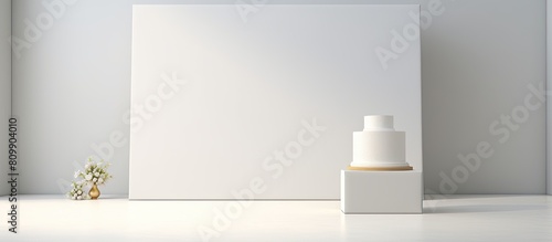 A white wedding cake is placed beside a white screen leaving a blank canvas for a potential photo or design 105 characters. Creative banner. Copyspace image