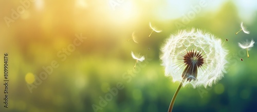 A vibrant artistic image of a dandelion flower surrounded by a hazy dream like nature backdrop The macro shot captures the delicate beauty of the dandelion seeds Copy space image 167 characters