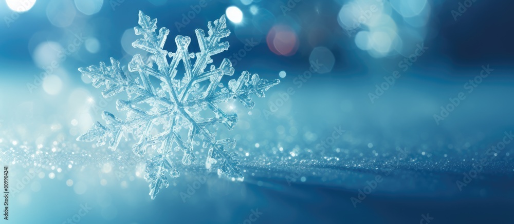 A snowflake with a serene blue bokeh background providing ample copy space for text or images A snowflake with a serene blue bokeh background providing ample copy space for text or images
