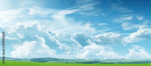 Bright turquoise landscape with clear clouds depicting the beauty of calm sunlight in a summer blue gradient The image showcases a serene environment with a horizon view and a touch of the spring win