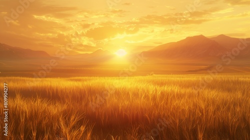 A golden sunset over a tranquil landscape  casting a warm glow over fields of wheat and distant mountains.
